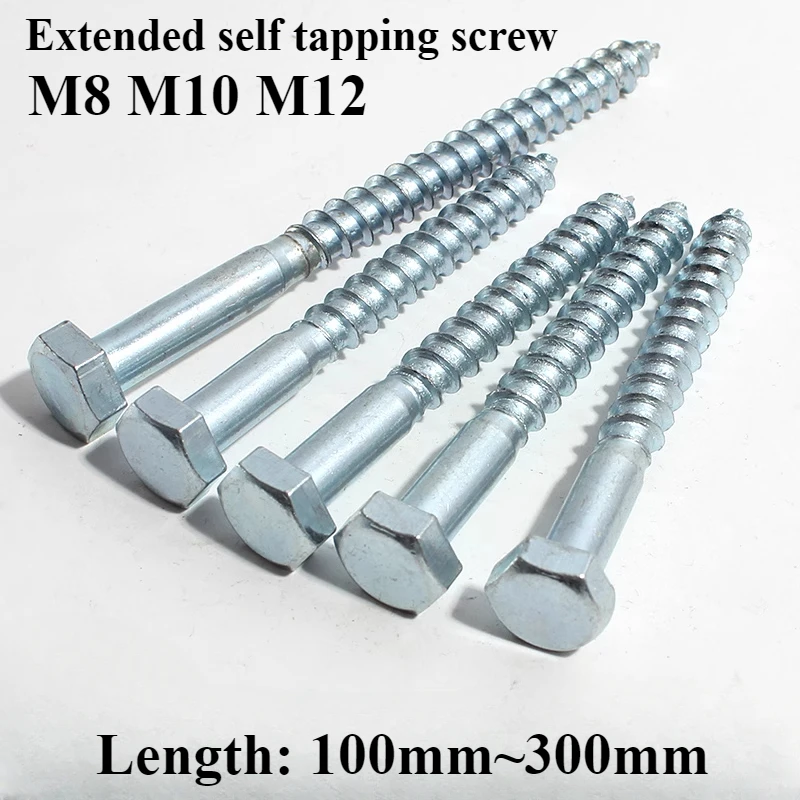 M8 M10 M12 Long 300mm Extended Self Tapping Wood Screw Galvanized Carbon Steel Outer Hexagon Extra Long Screw