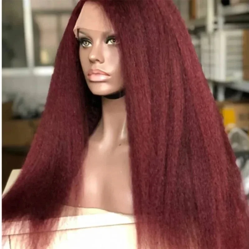 Soft Burgundy Yaki Kinky Straight 180Density 26Inch Long Lace Front Wig For Women With Baby Hair Preplucked Daily Glueless