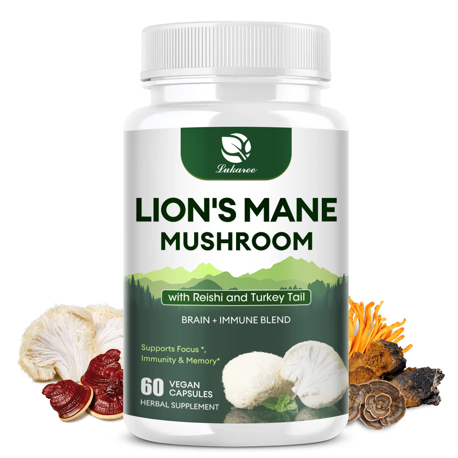 Lukaree Organic Reishi Lion's Mane Mushroom Capsules Brain Memory Supplement Strengthen Focus Nerves and Immune System Health