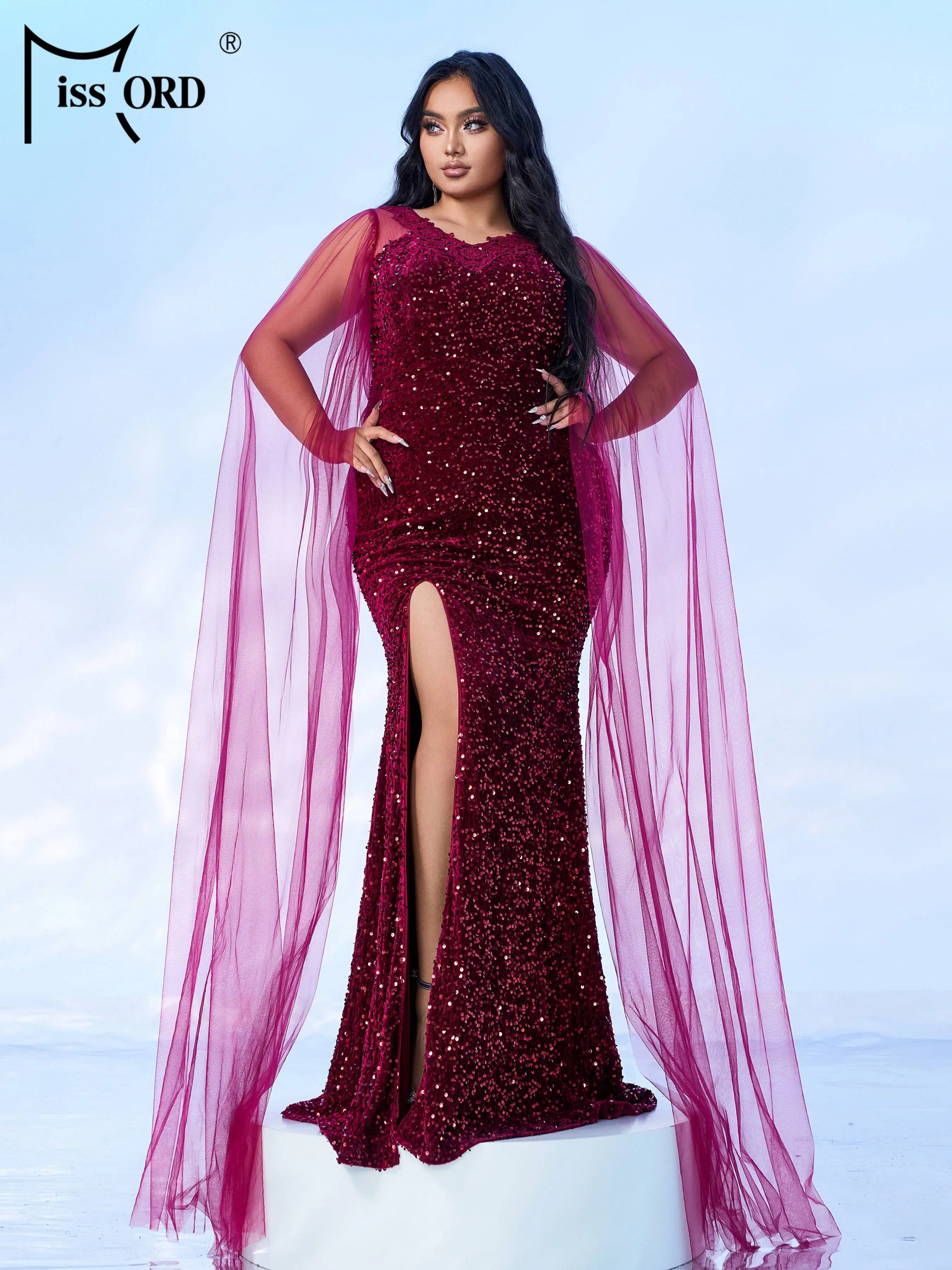 Missord Plus Size New Burgundy Sequin Split Evening Gown Mesh Sleeves Formal Occasion Cocktail Wedding Birthday Party Dresses