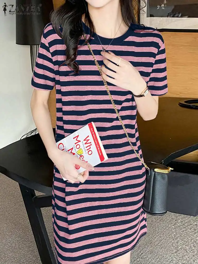 

ZANZEA Elegant 2024 Summer Shirtdress Women Striped Short Sleeve O Neck Short Dresses Daily Korean Fashion Streetwear Vestidos