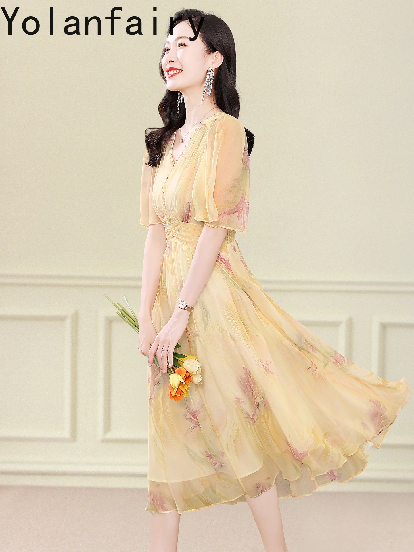 YOLANFAIRY 100% فساتين حرير التوت الطبيعي للمرأة الصيف عطلة الشاطئ نمط فستان المرأة لطيف طويل فستان زهري Vestido