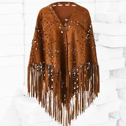 New In 2024 Solid Color Hollow Out Floral Suede Tassel Triangle Shawl Women Vintage Bohemian Beach Cardigan Boho Fringe Ponchos