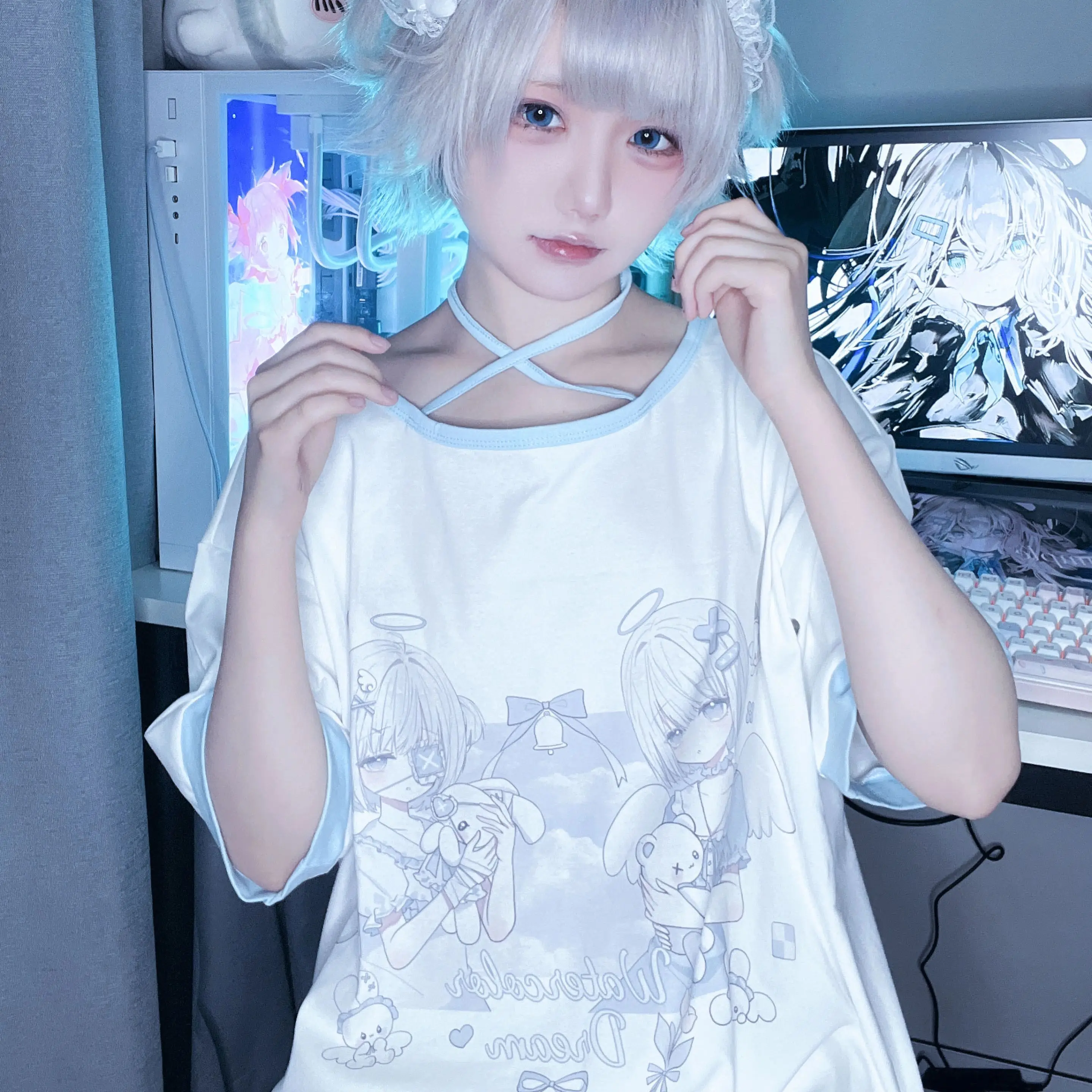 

Dophee Japan Style Water Color Summer Loose Women Short Sleeve T-shirt Mid-long Pullover Top Subculture Printed Students Tees