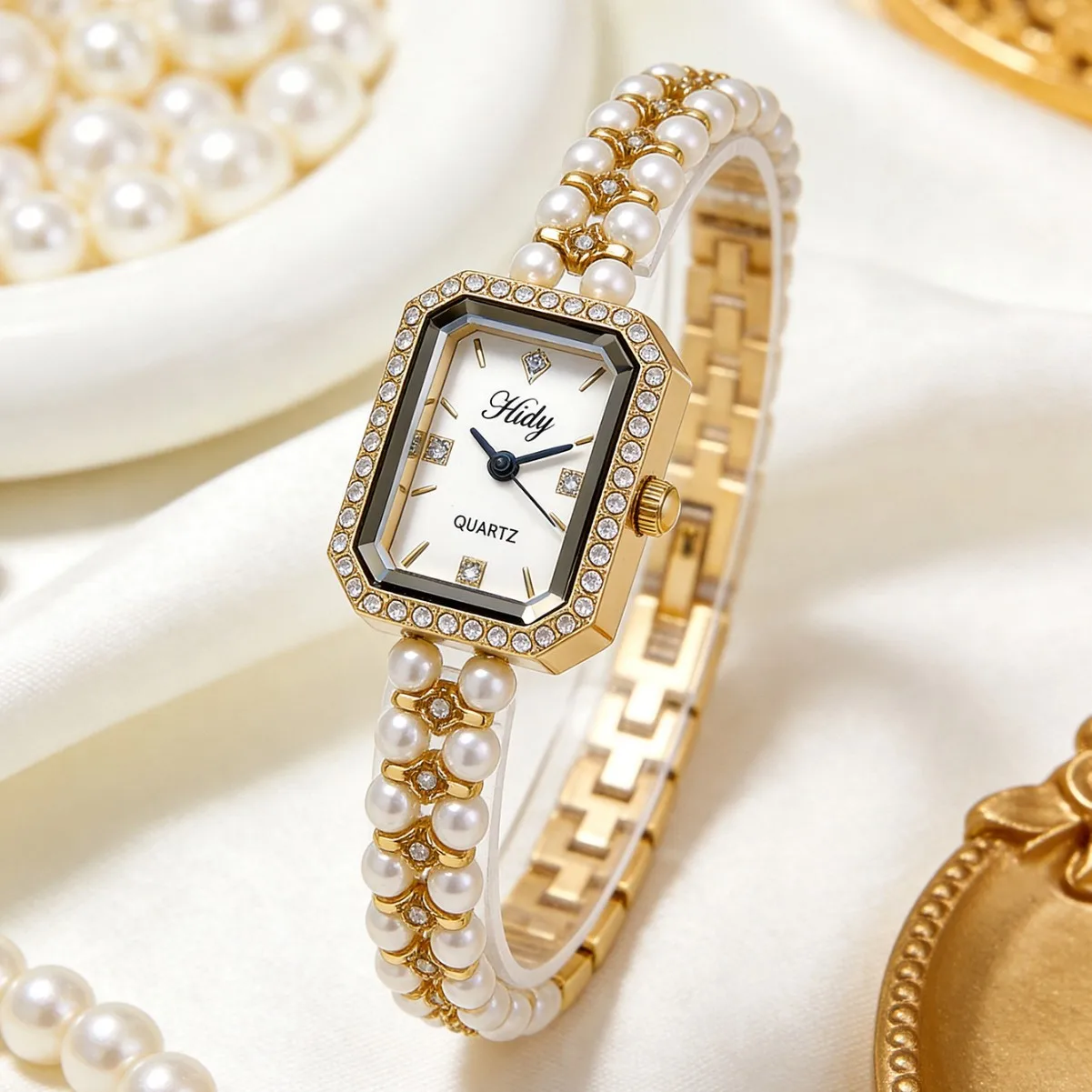 KAIRIS Women's Pearl Bracelet Quartz Watch Gold Tone Rectangle Crystal Bezel Elegant Fashion Wristwatch Gift