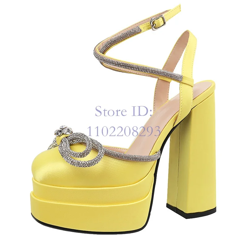 Crystal Butterfly-knot Chunky High Heel Sandals Platform Round Toe Back Buckle Strap Sandals Women Fashion Shows Shoes 2024