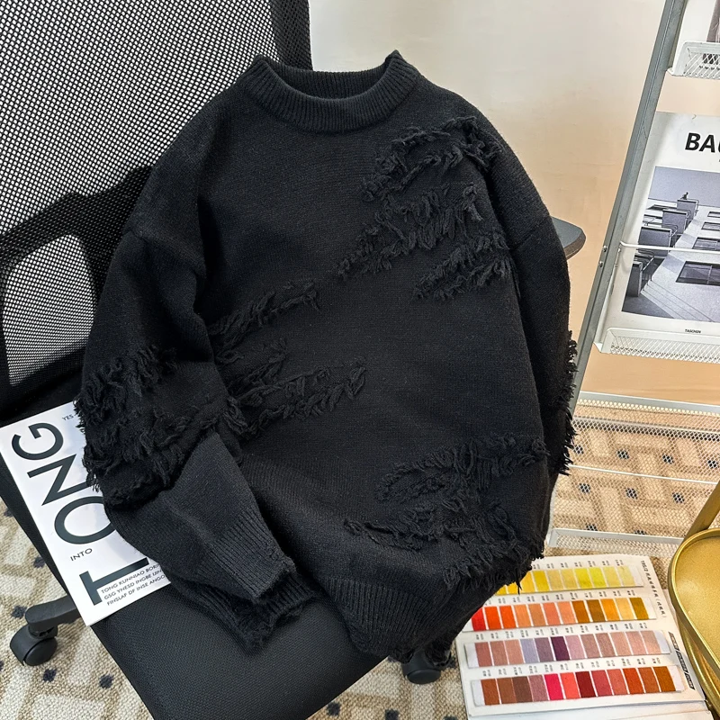 

Thiened Knitted Long Sve Crew Ne Sweater Men's Casual Faion Pure Color Tassel Base irt Autumn Winter New Arrival