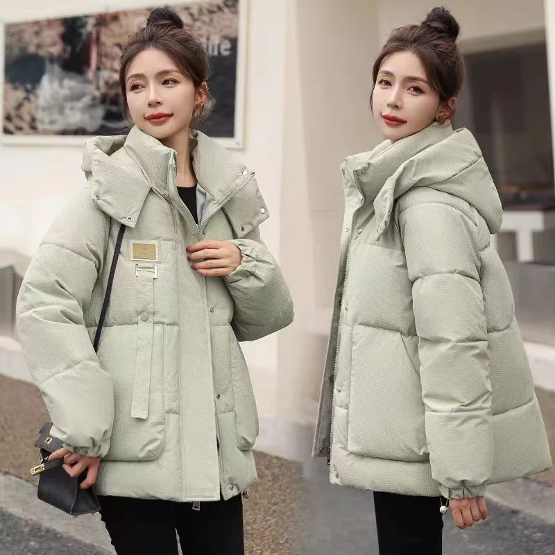 

Hooded Parkas Coats Women Solid Short Jackets Zipper Pocket Long Sleeves Wide Waisted Loose Thick Office Lady Casual 2025 Winter