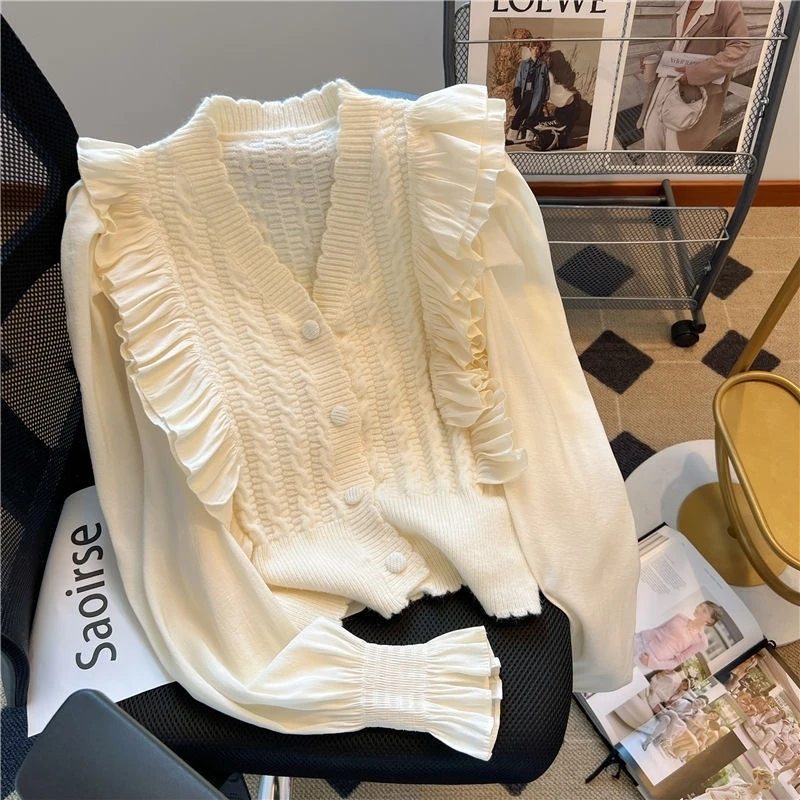

V Neck Ruffle Edge Knitted Women New French Splicing Chiffon Cardigan Short Style Soft And Sticky Temperament Sweater