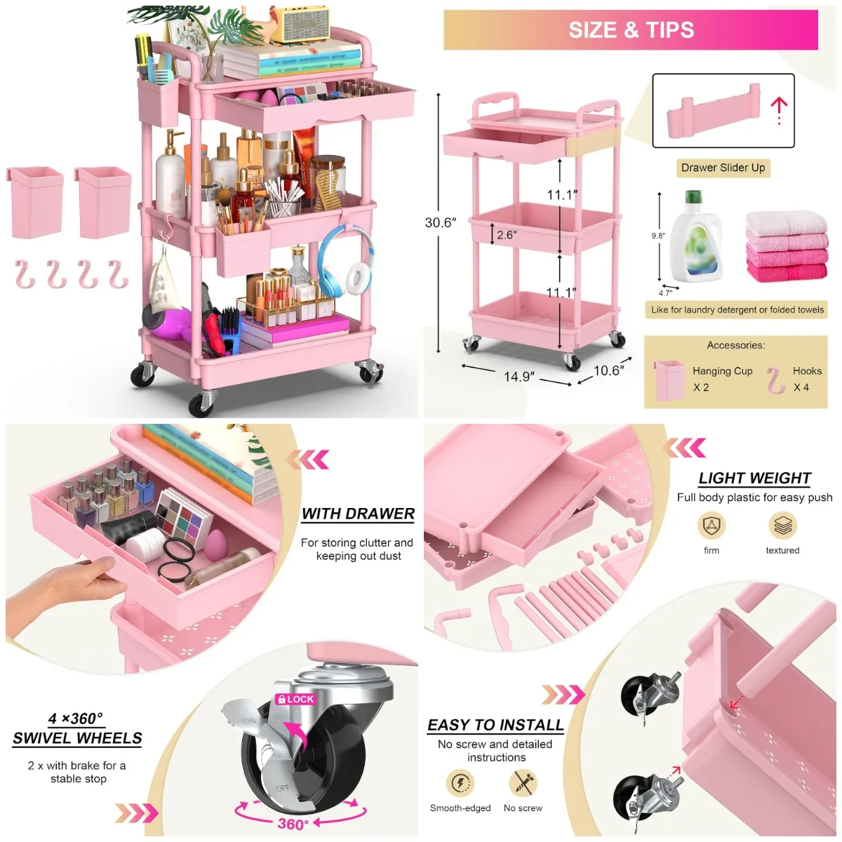 

3-Tier Rolling Utility Cart with Removable Drawer, Pink Storage Cart with 2 Lockable Wheels for Kitchen, Bathroom, Craft