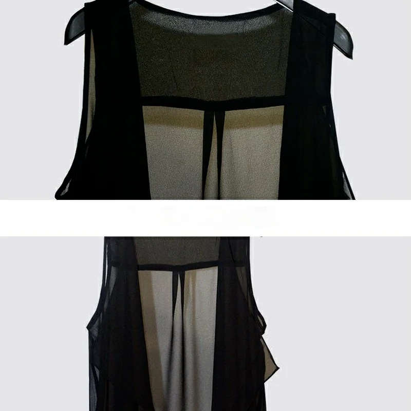 Chiffon Vests Women Holiday Street Solid Black Sweet Thin Summer All-match Fairy Outerwear Sexy Long Draped Open Stitch Vintage