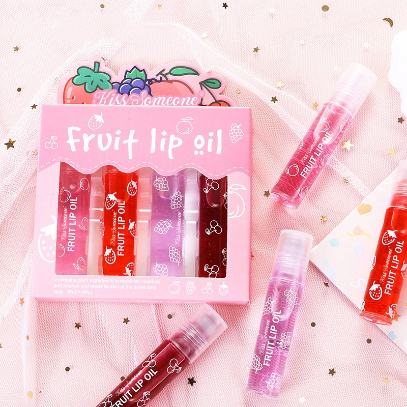 Rolling Bead Lip Oil Set of Four Moisturizing Lotion, Hydrating Roller Ball Mouth Oil, Anti-Drying, Colorless and Transparent