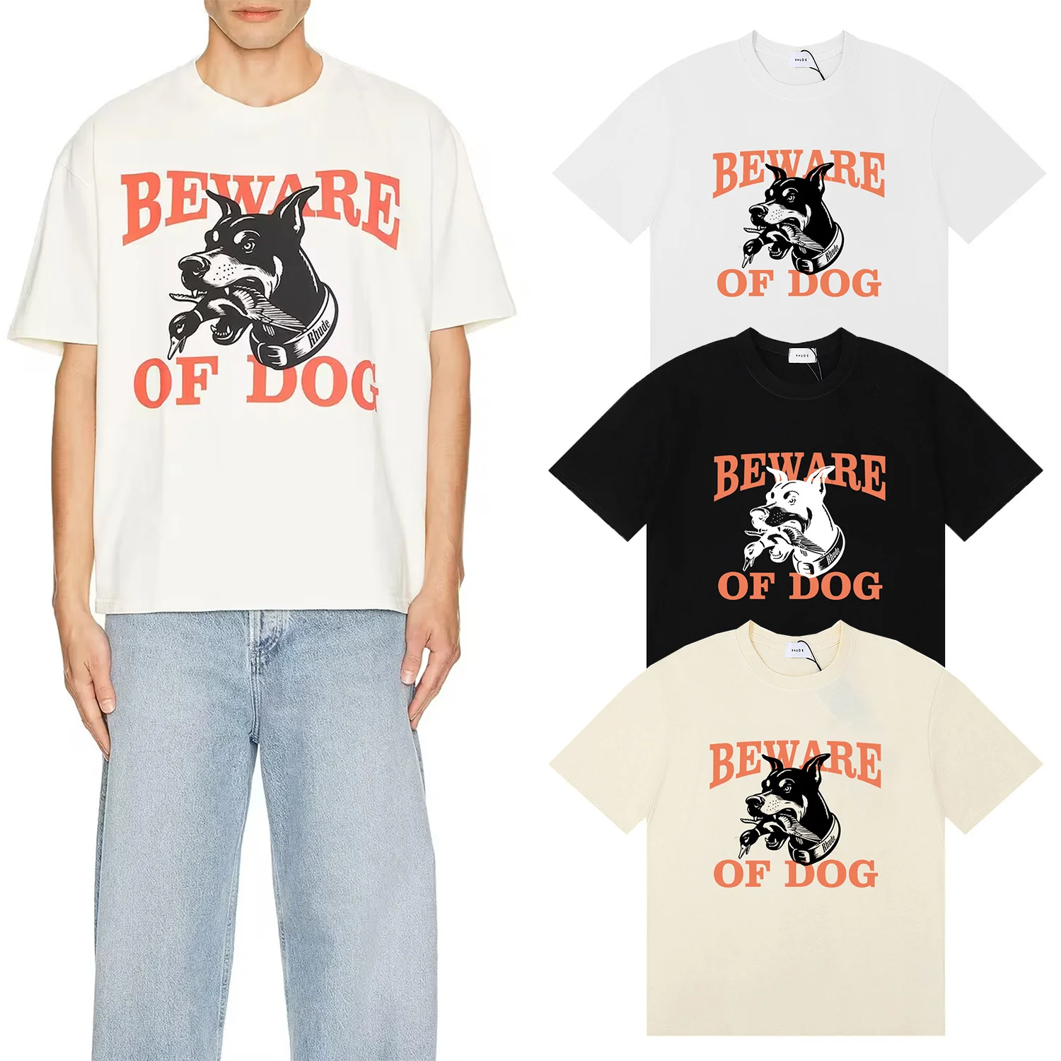 Rhude Beware of Dog T Shirt Black White Apricot Men Women High Quality High Street Loose Short Sleeve Tops Tee