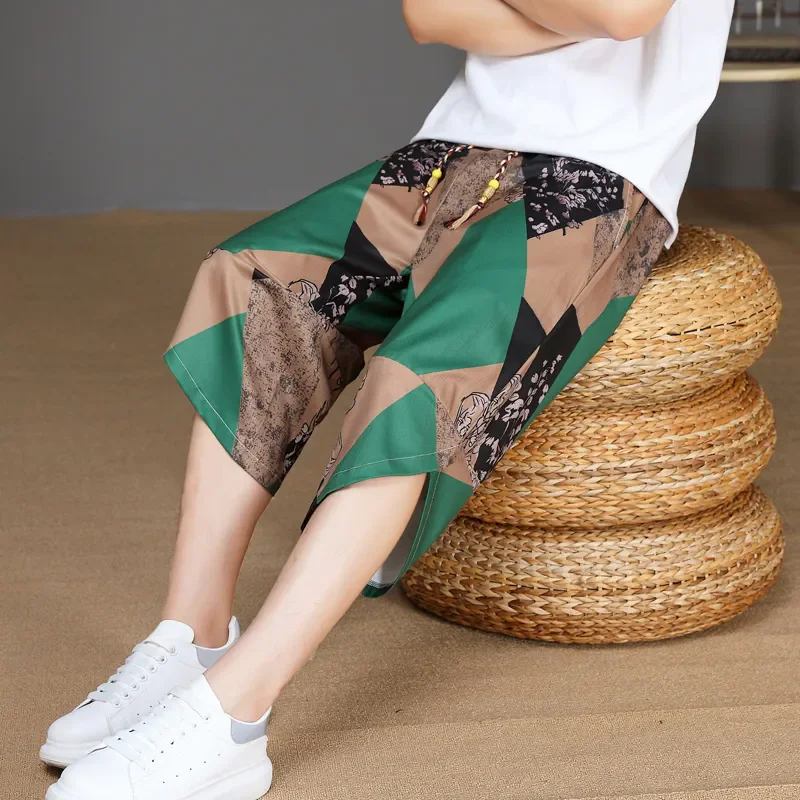 Men's Cropped Pants Summer Thin Breathable Ice Silk Shorts Chinese Loose Large Size Harun Casual Trendy Breeches