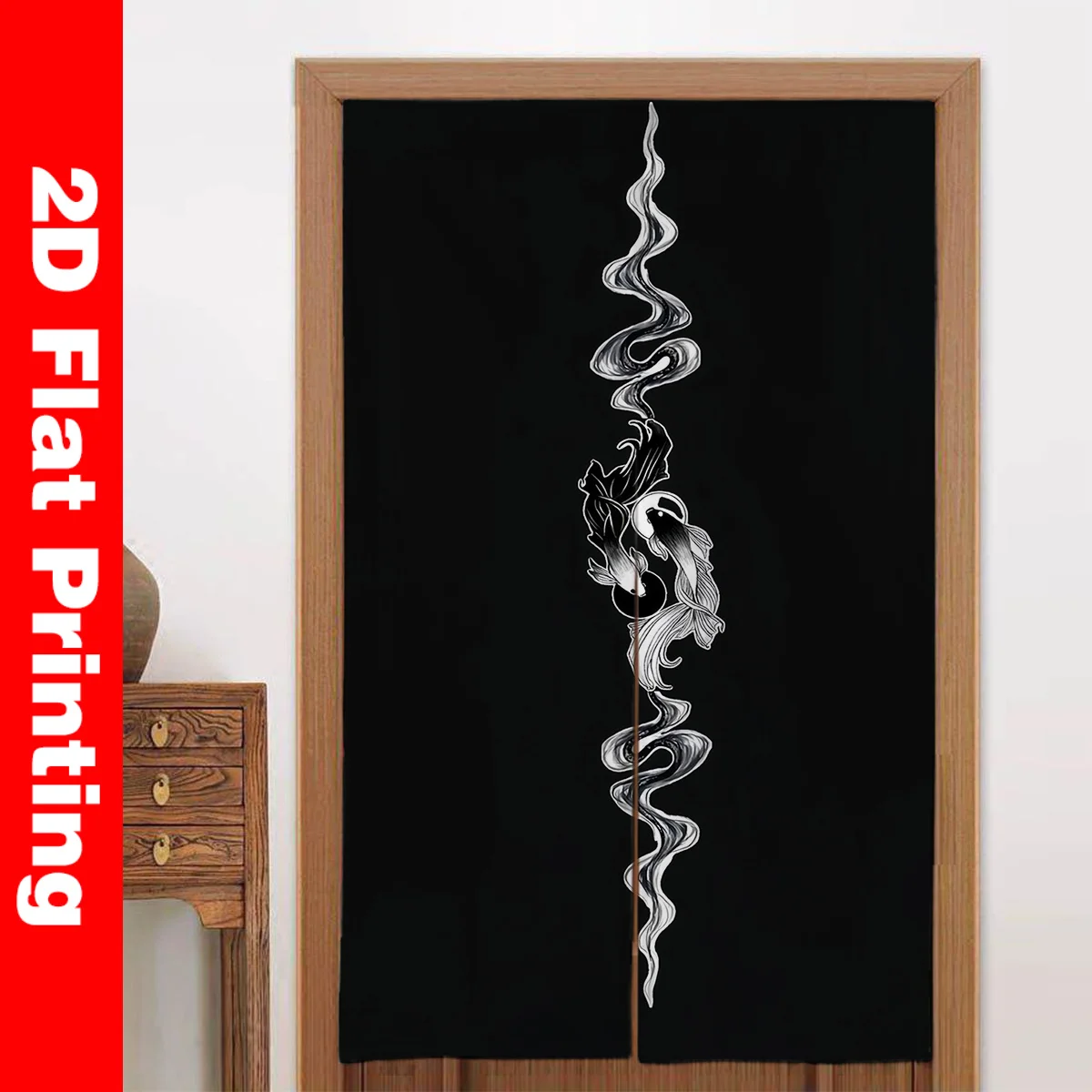 Black Koi Fish Door Curtain Smoke Art Decor Zen Style Partition for Home Meditation Room