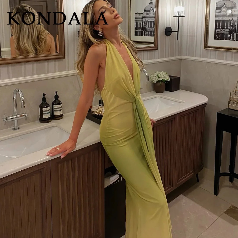 KONDALA 2025 Spring Summer Sexy Women Dresses Fashion Night Club Lace Up Print Halter Sleeveless Zipper Ladies Long Dresses