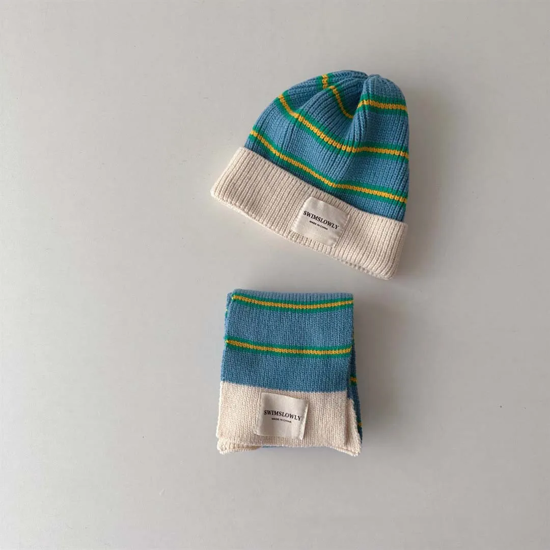 Fashion Striped Baby Hat Scarf With Label 2024 Autumn Kids Beanie Knit Hat For Girls Boys Ear Neck Protection Warm Cap Scarves