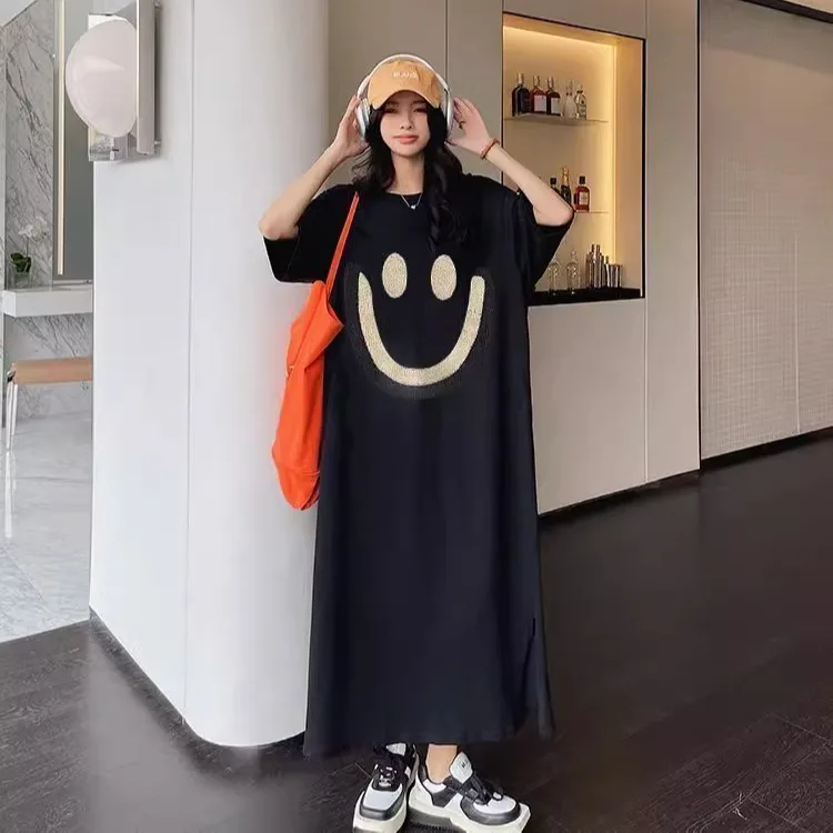 T-shirt Long en coton pour femmes, longueur aux genoux, décontracté, ample, grande taille, amincissant, nouvelle Version coréenne imprimée, ligne H, été