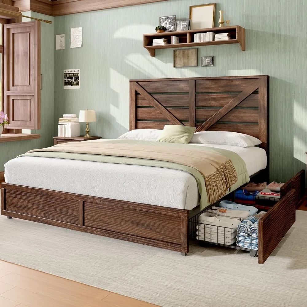 Full Size Farmhouse Bed Frame with 4 Drawers, Wooden Storage Bed Frame with Headboard and Heavy Duty Metal Slats, Noisy Free, E