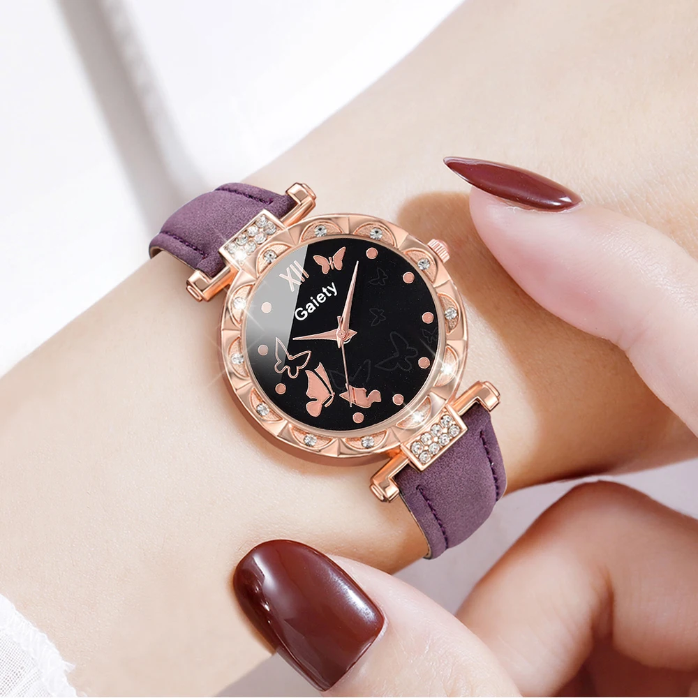 Purple Ladies Quartz Watch 6PCS/Set Butterfly Element Dial Wristwatch Leather Strap Watch Set Purple Jewelry Gift For Her