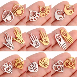 5Pcs Lucky Eye Charms Stainless Steel Hand Eye Palm/Tai Chi/Devil/Evil Eye Pendants DIY Necklace Bracelet Crafts Jewelry Making
