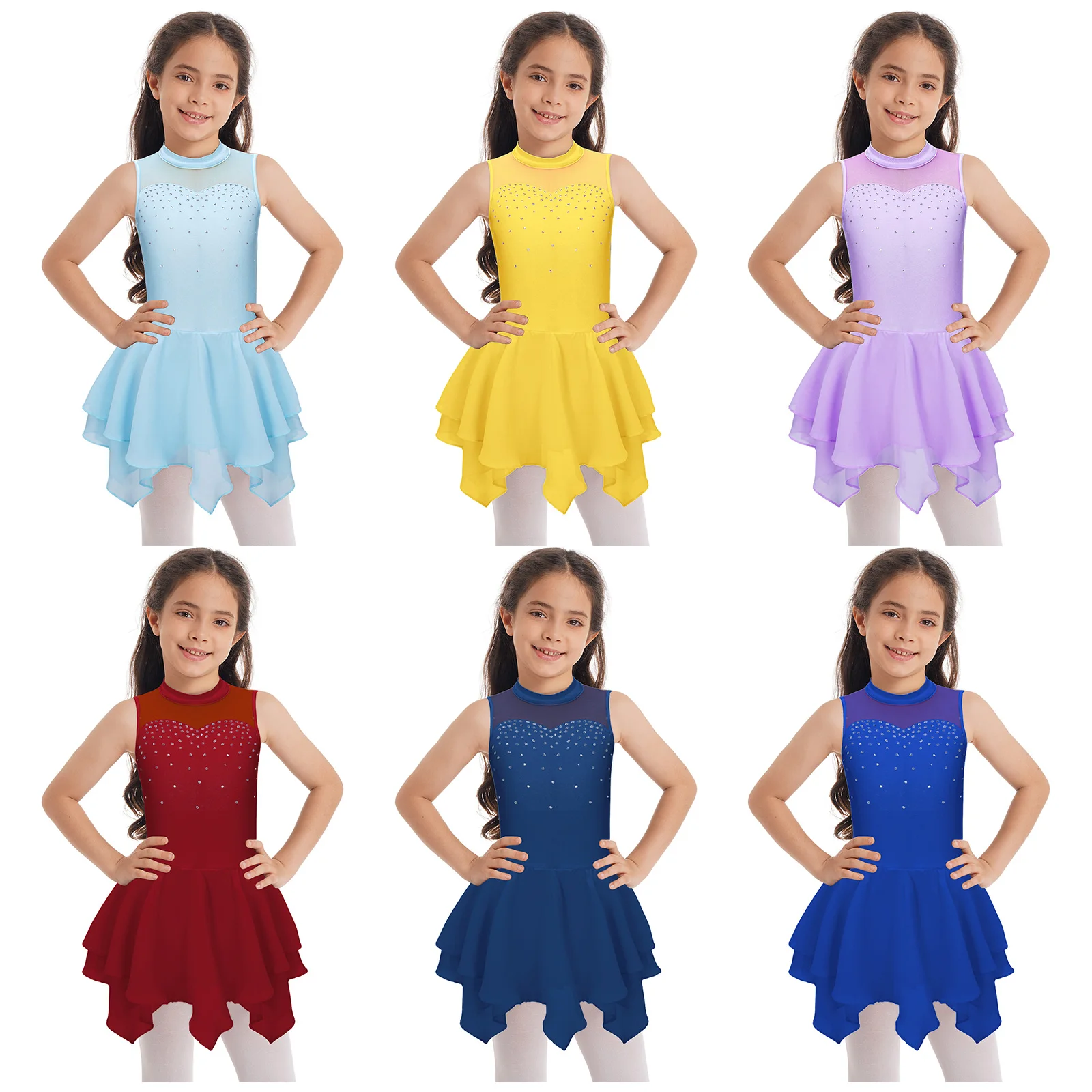 Rhinestone Sequins Figure Ice Skating Dress for Girls Kid Ballet Dance Dress Child Gymnastics Leotard Lyrical Tutu Skirt Costume