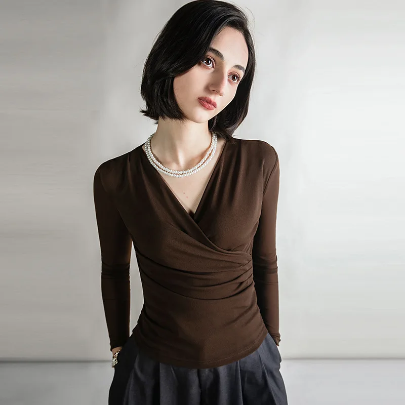

2025 Spring New Cross V-neck Long-sleeved Top with Bottoming Shirt Mesh Shirt Foreign Style
