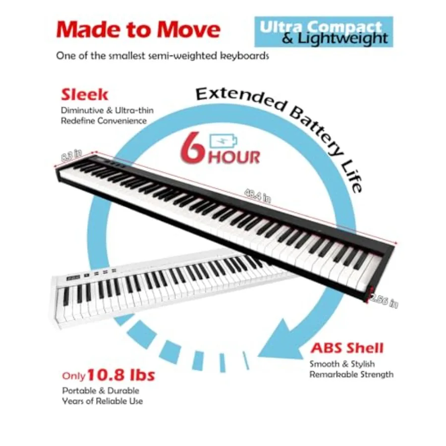 Piano Keyboard 88 Keys for Beginners, Semi-weighted Portable Digital Piano, SWAN-S Black, Includes Bench Stand Headphones Stick