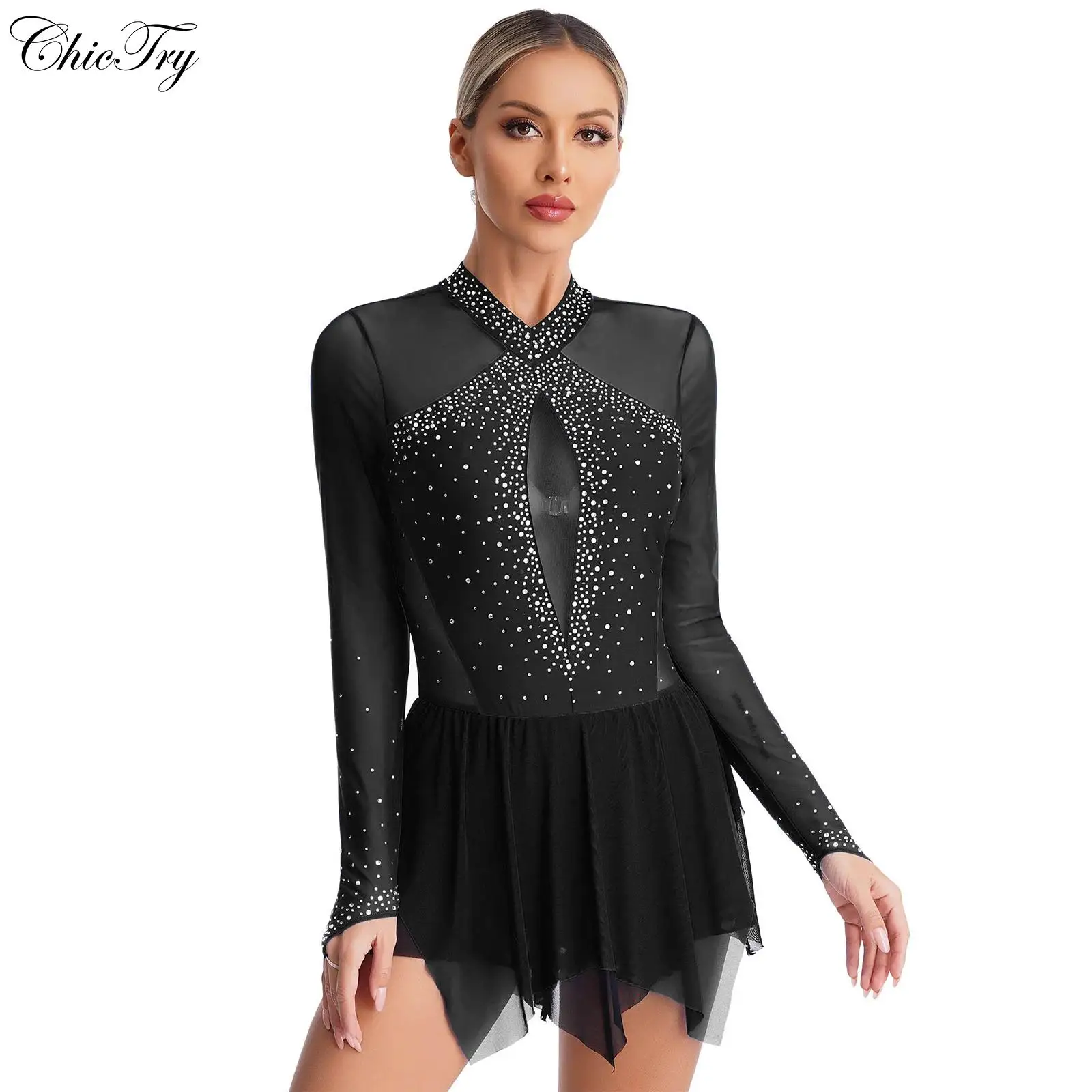 Womens Ballet Gymnastics Dress Rhinestones Lyrical Figure Skating Dance Performance Dress Irregular Hem Keyhole Back Leotard