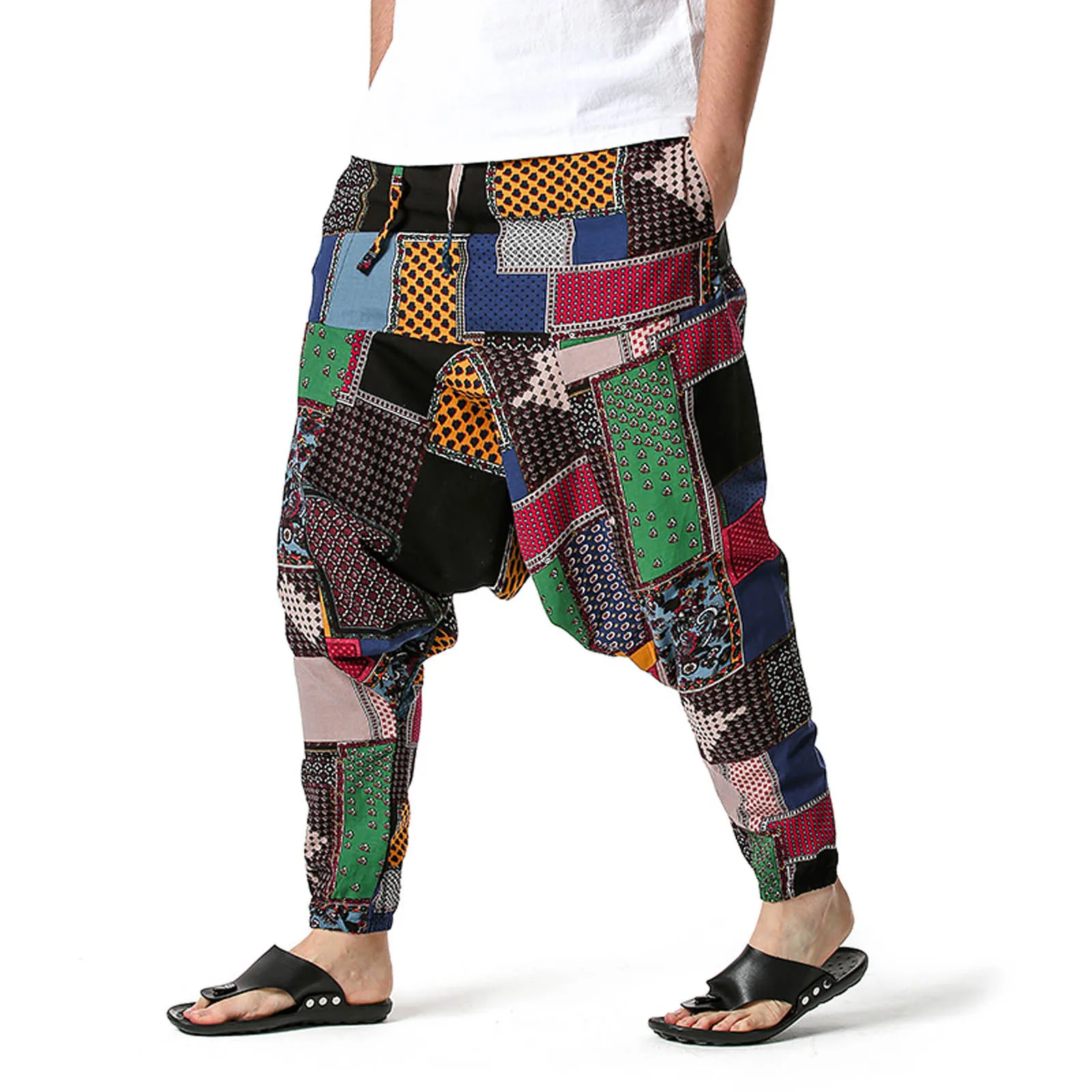 Celana Harem katun Linen pria, celana panjang longgar pinggang elastis Bohemian multiwarna Streetwear pria Drop-crotch