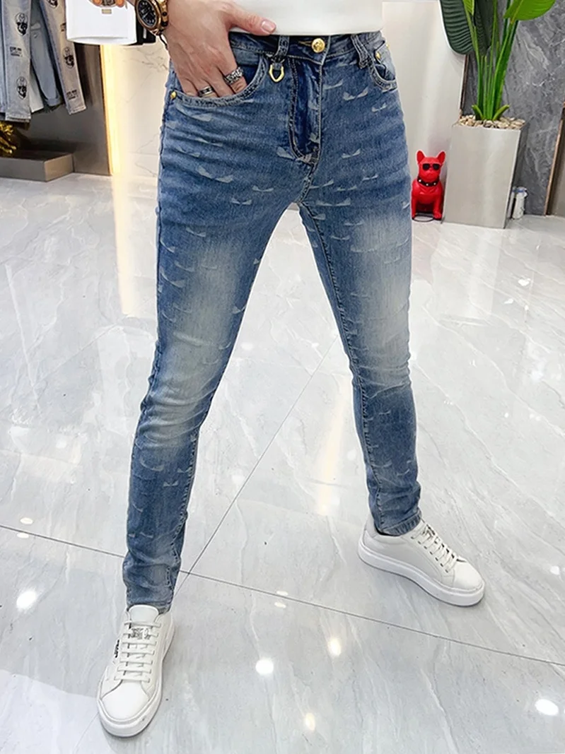 

Light Blue Men's Jeans Slim Fit Thin Elastic Trendy Print Casual Spring Autumn Long Pants Youth ular Sle mid Waist Zipper