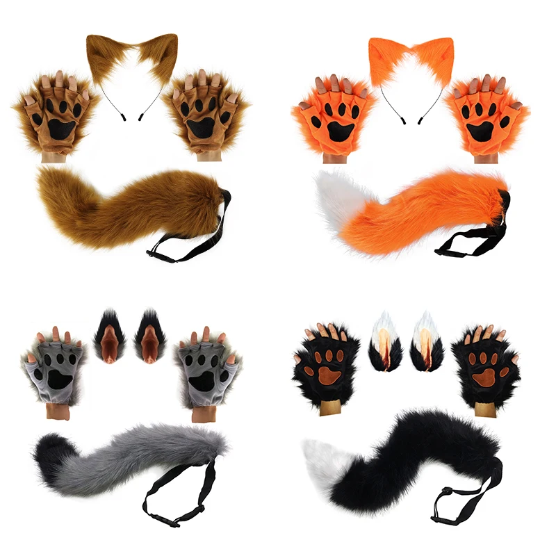 Kawaii Hair Accessories Fox Ears Plush Tail Cute Paw Set Cosplay Secondary Yuan Anime Characters Exhibition Props Party Dres