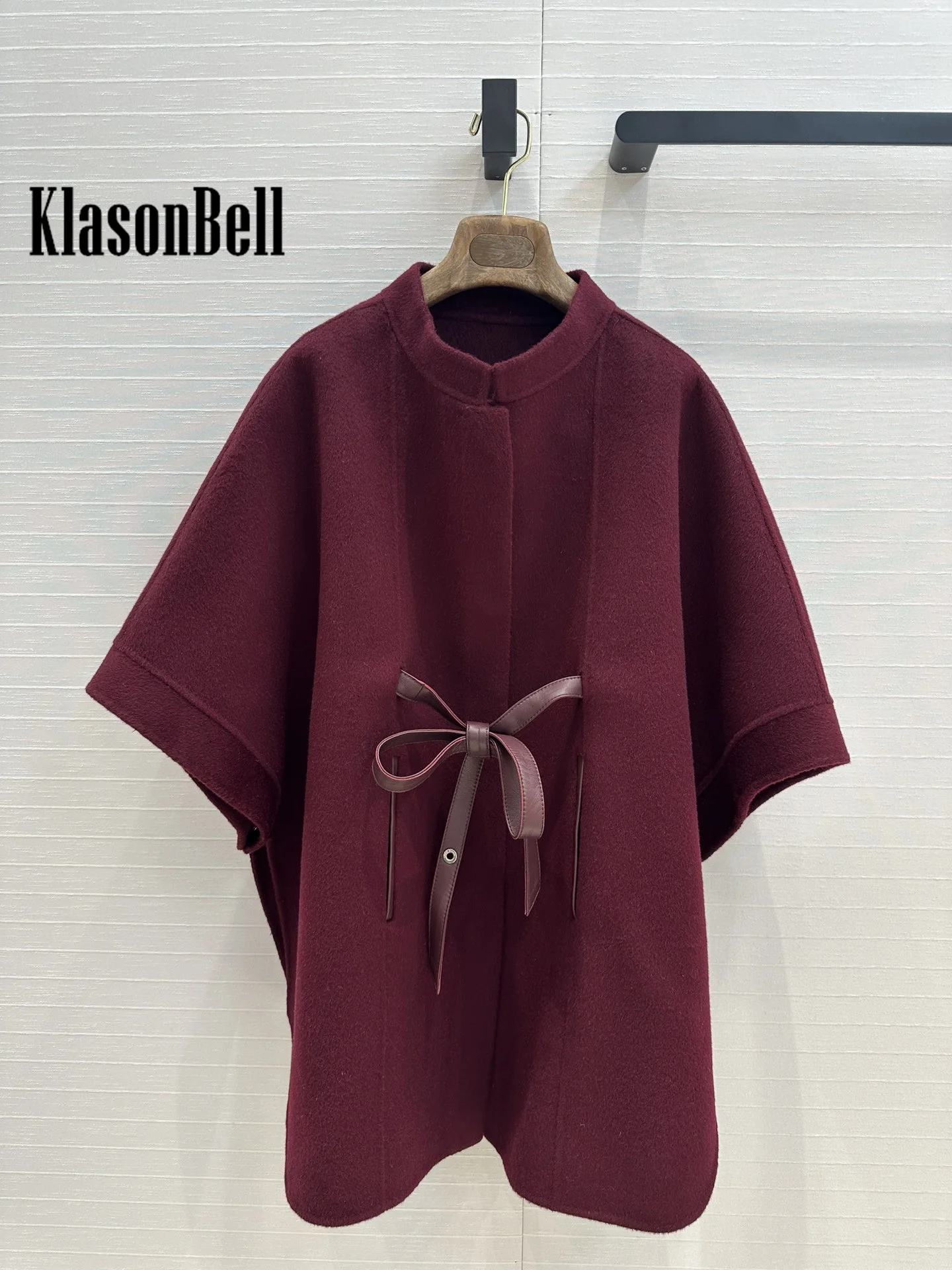 9.18 KlasonBell Women Genuine Leather Sashes Cashmere Capes Coat Covered Button Half Sleeve Loose Double-Sided Wool Coat