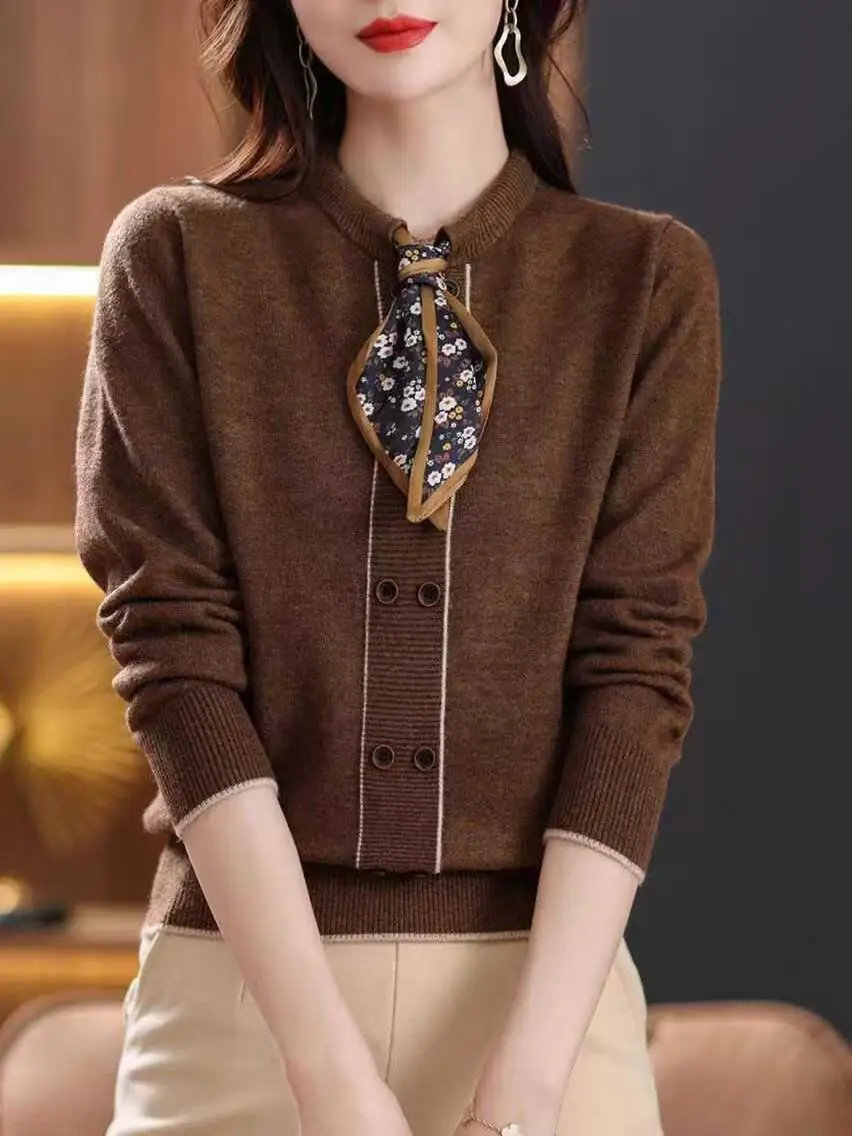 Malhas Es Fenas com Design de Gola Alta e Faixa, Lenço de Seda, Camada Base Quente e Faion para Outono e Inverno...