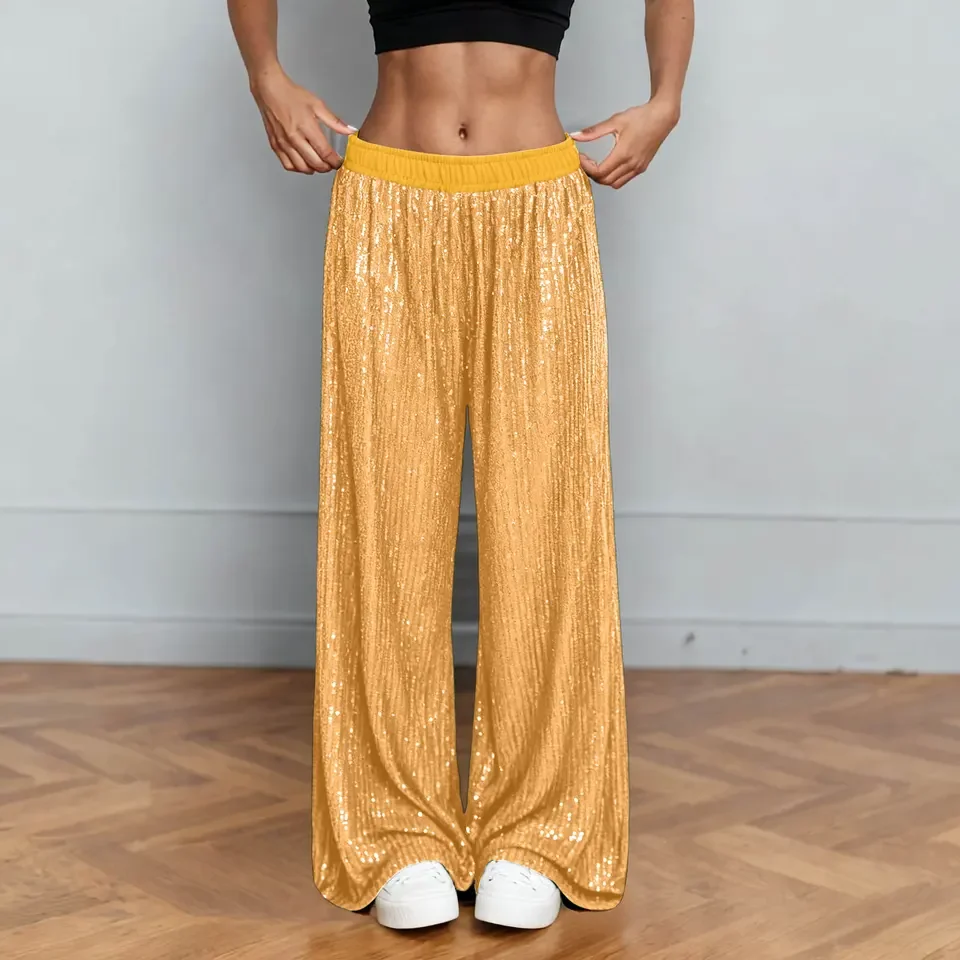 Women's Sequins Wide Leg Pants Stretchy High Waist Loose Straight Trousers Club Party Elegant Glitter Disco Pants