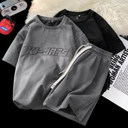 Conjunto básico de letras en relieve para hombre, pantalones cortos atléticos informales para correr, Fitness, Top de cuello redondo, traje de manga corta Unisex