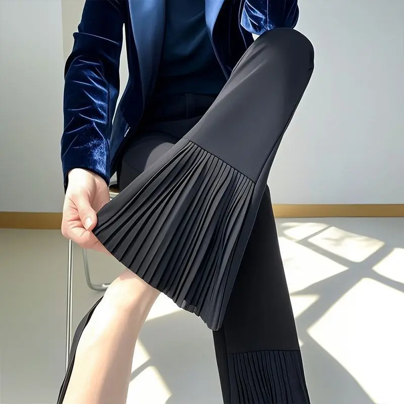 

Корейские черные атласные расклешенные женские брюки, осень 2023, новые универсальные модные плиссированные широкие брюки с высокой талией, женская одежда, брюки