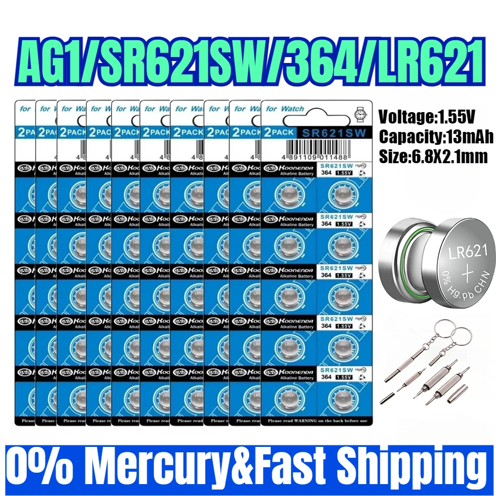 10-100PCS AG1 SR621SW Watch Battery Long-Lasting & Leak-Proof High Capacity Silver Oxide 1.55V Button Cell Batteries for Watch