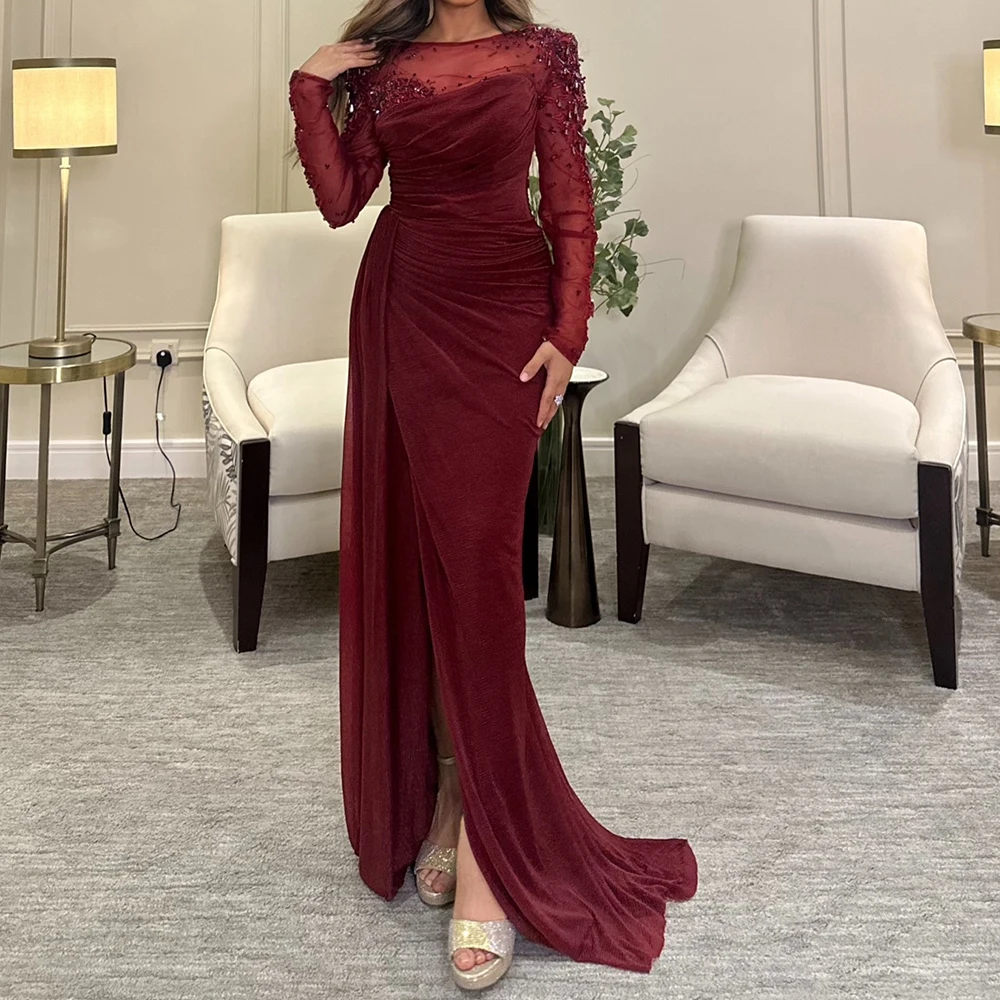 

Customized Jersey Straight Crystal Evening Dress O-neck Long Sleeves Side Slit Floor Length Panel Train Burgundy Exquisite