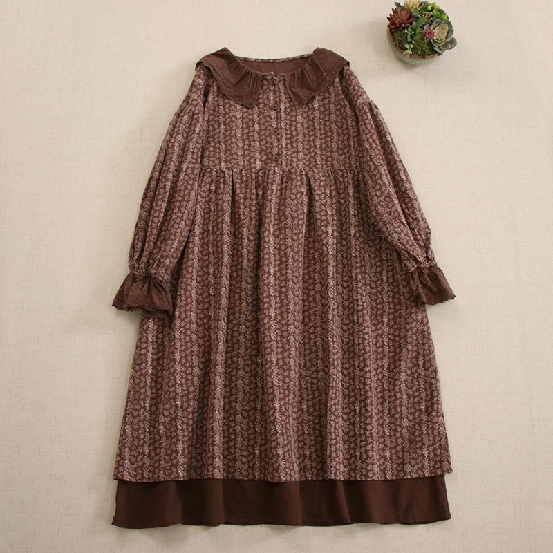 Sweet Mori Girl Vintage Embroidery Floral Print Cotton Dress Women Autumn Ruffled Collar Long Sleeve Causl Loose Midi Dresses