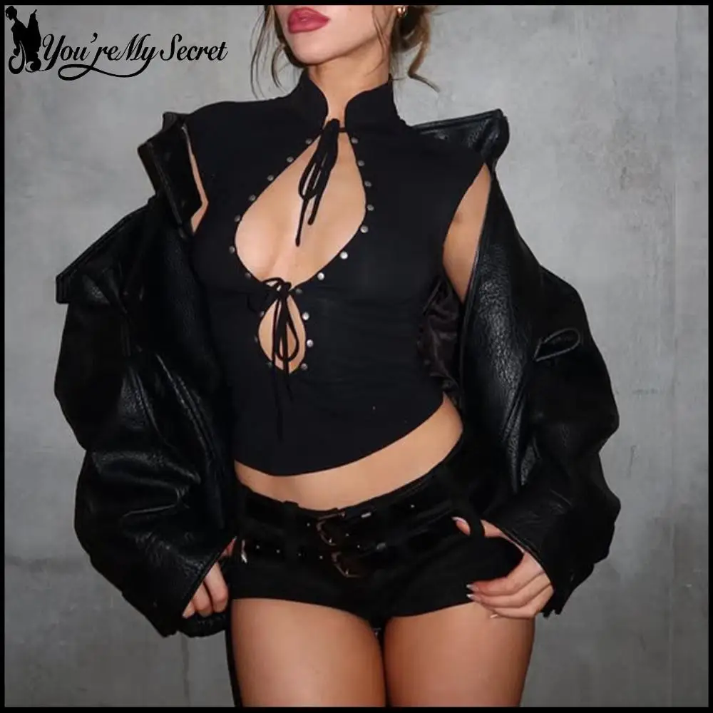 [You're My Secret] Punk Style Rivet Crop Top Women Sexy Hollow Out Slim Fit Top Fashion Hight Collar Tee 2026 Night Club Outfits