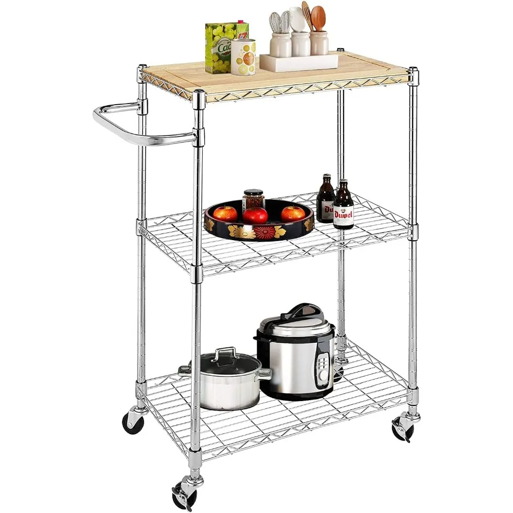

Kitchen Storage Carts, 3-Tier Wire Rolling Kitchen Cart, Food Service Cart, Microwave Stand, Bar Cart Oak Cutting Board and Chro