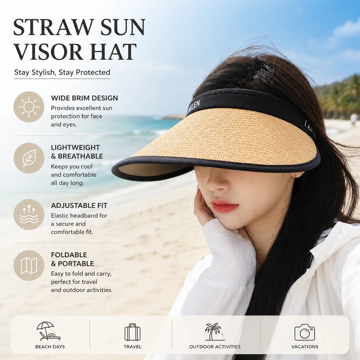 Summer sun hat with black rubber and an empty top. It covers the face and looks small. It is a versatile straw hat