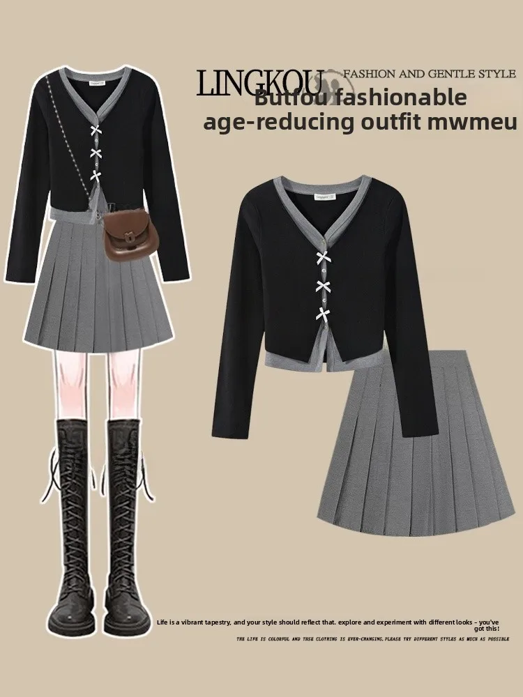 

Korean Style plus Size Knitted Top And Skirt Set Women's Fashion Illusion Two-Piece High Waist Slimming Half-length Skirt