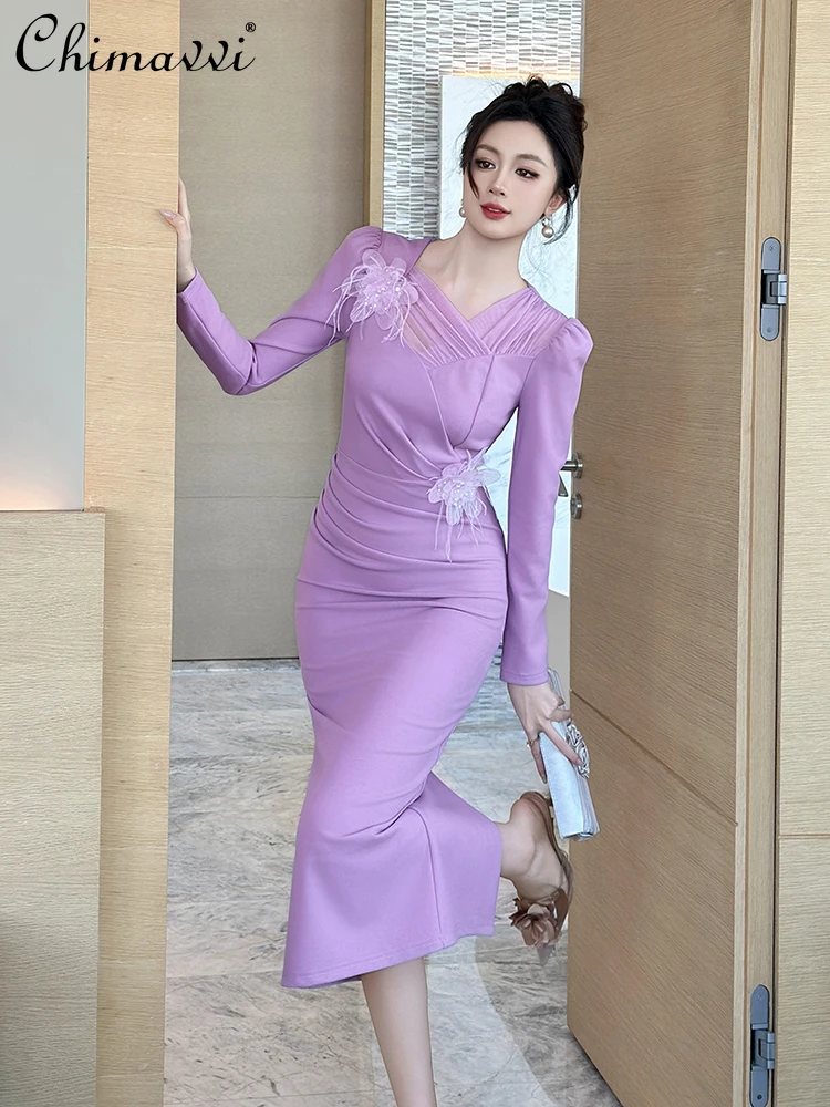

French Elegant Purple Long Evening Party Dresses 3D Mesh Floral Long Sleeve High Waist Slim Fit Bodycon Dress for Women Autumn