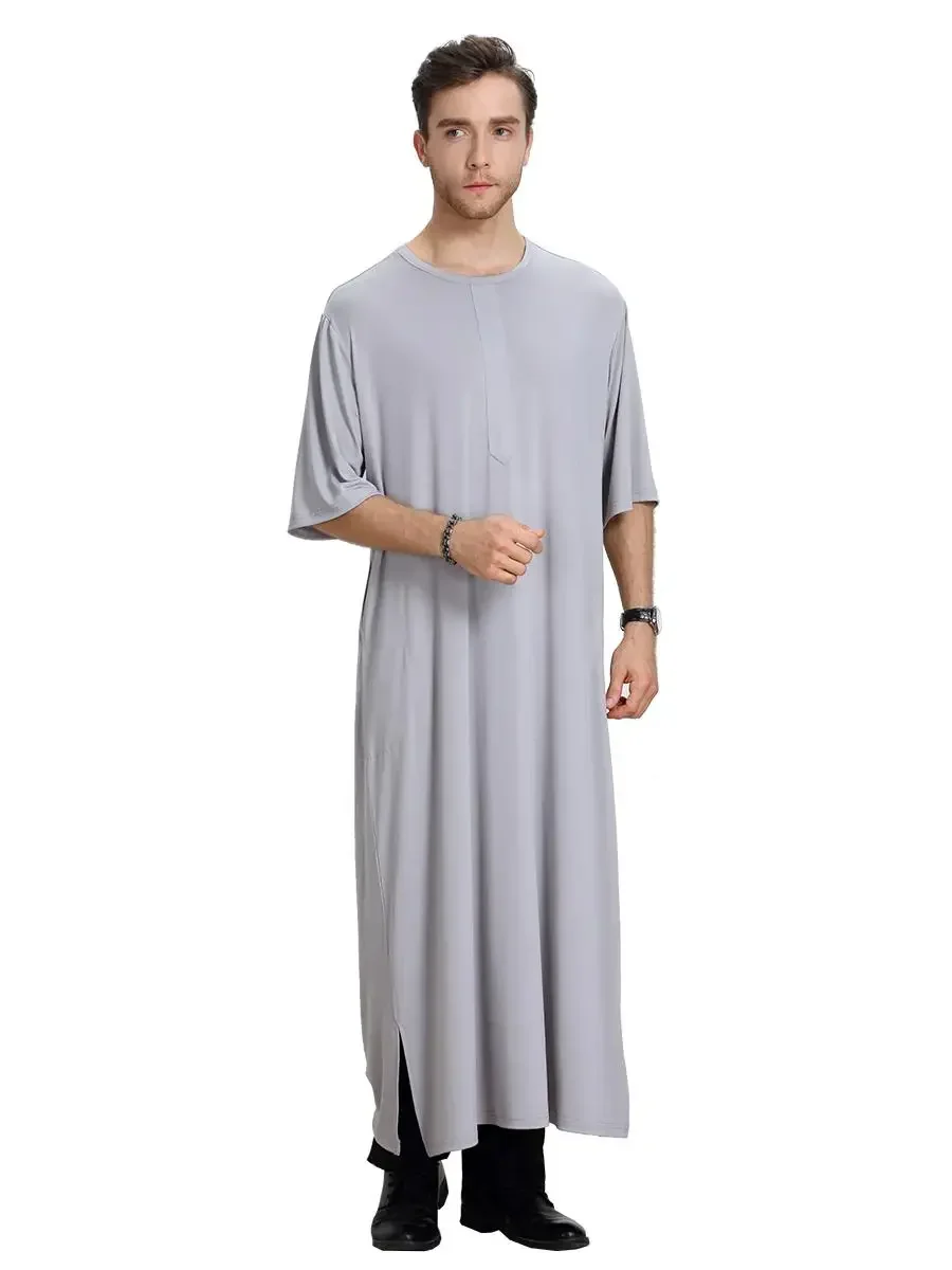Mens Saudi Thobe Robe Short Sleeve Abaya Saudi Dishdasha Arabic Kaftan Dress Summer Dubai Ramadan Turkey Middle East Clothing Ne