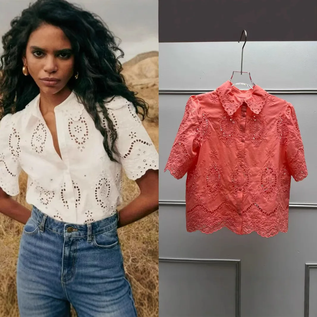 

Ретро-топ женский летний 2025 с вышивкой, ажурными вставками, рукавами-фонариками, воротником-стойкой, свободного кроя, из хлопка