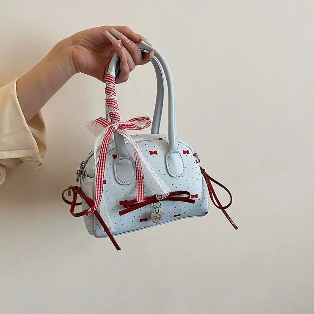 

Fashion French Style Bow Ribbons Bowling Bag Elegant Large Capacity Boston Shoulder Bag Lace Ribbon Casual Women Handbags Daily