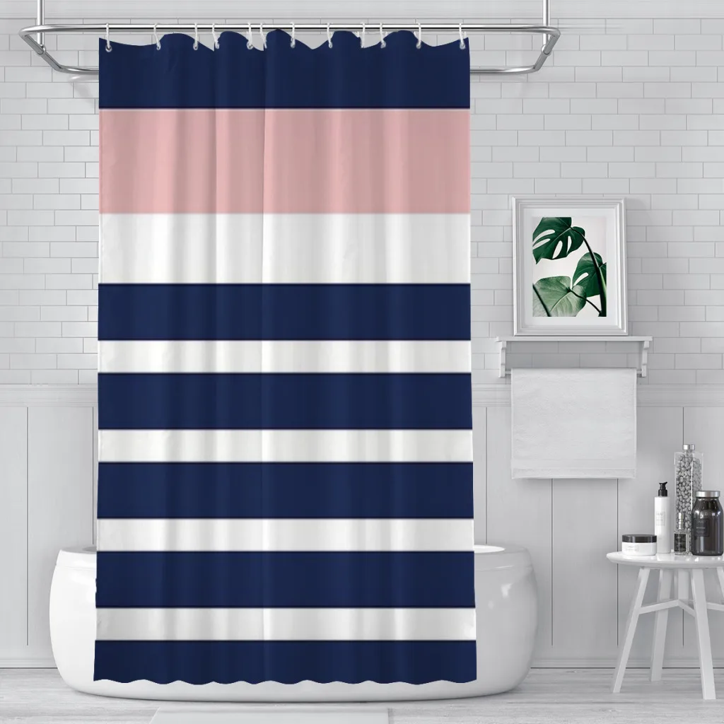 Mixed Stripe Minimalist Pattern in Navy Blue, Blush Pink, and White Unique decor Modern Fabric Bathroom Shower Curtains