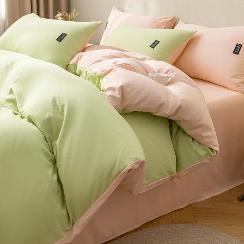 Girly Green Pink Duvet Cover 4pcs Bedding Set Solid Color Quilt Cover Polyester Home Comforter Cover 1 Flat Sheet 2 Pillowcases